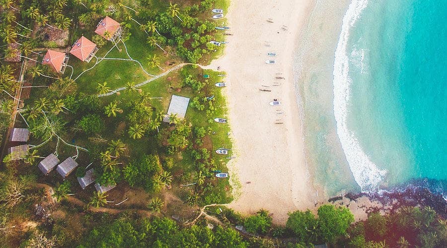 Palm-framed beach and retreat buildings at Talalla