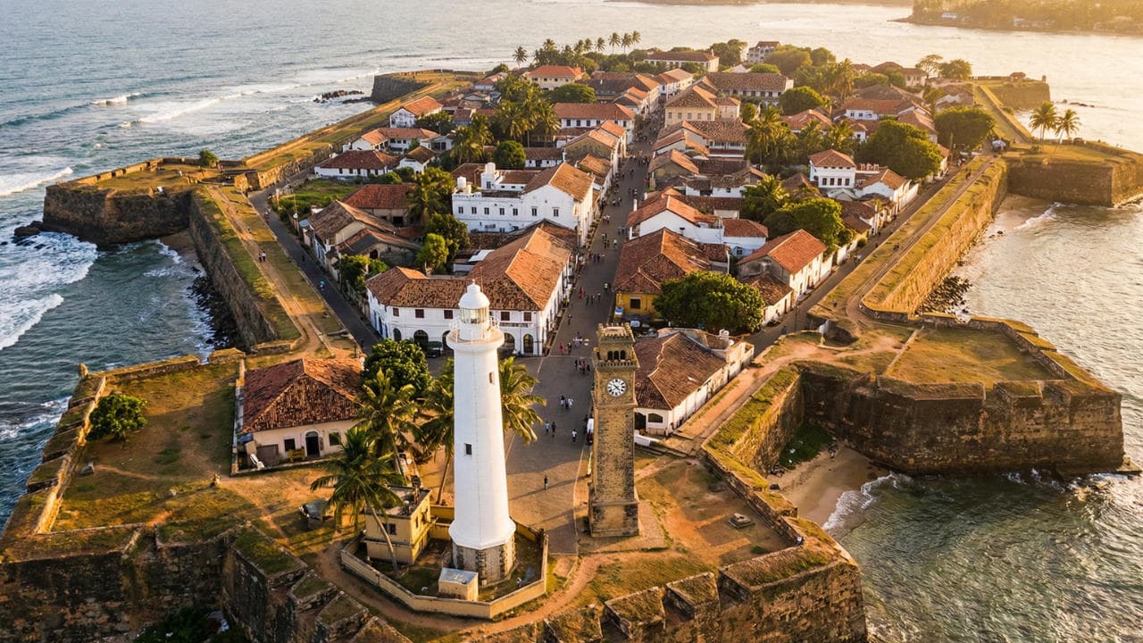 Aerial sunset over Galle Fort and harbour
