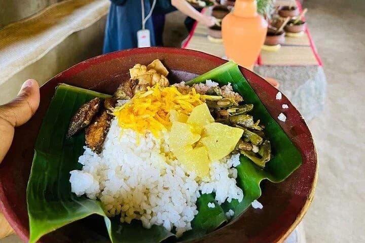 Sri Lankan village lunch of rice and curries on a banana leaf