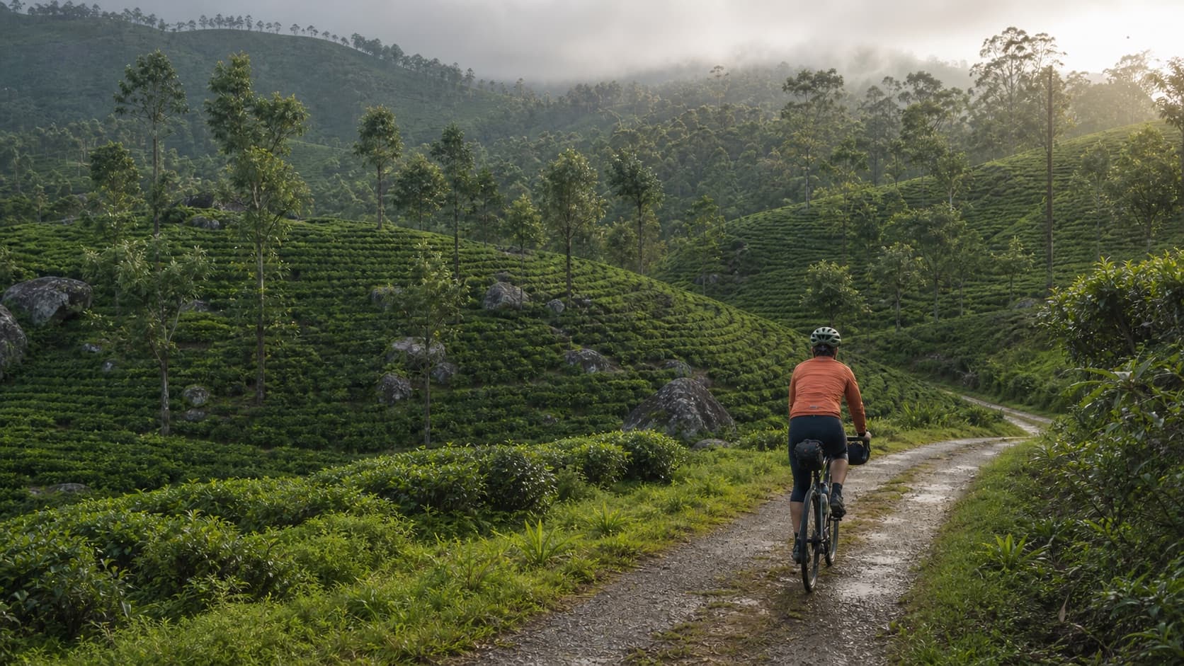 Cyclist on a tea-country track in the Sri Lankan highlands