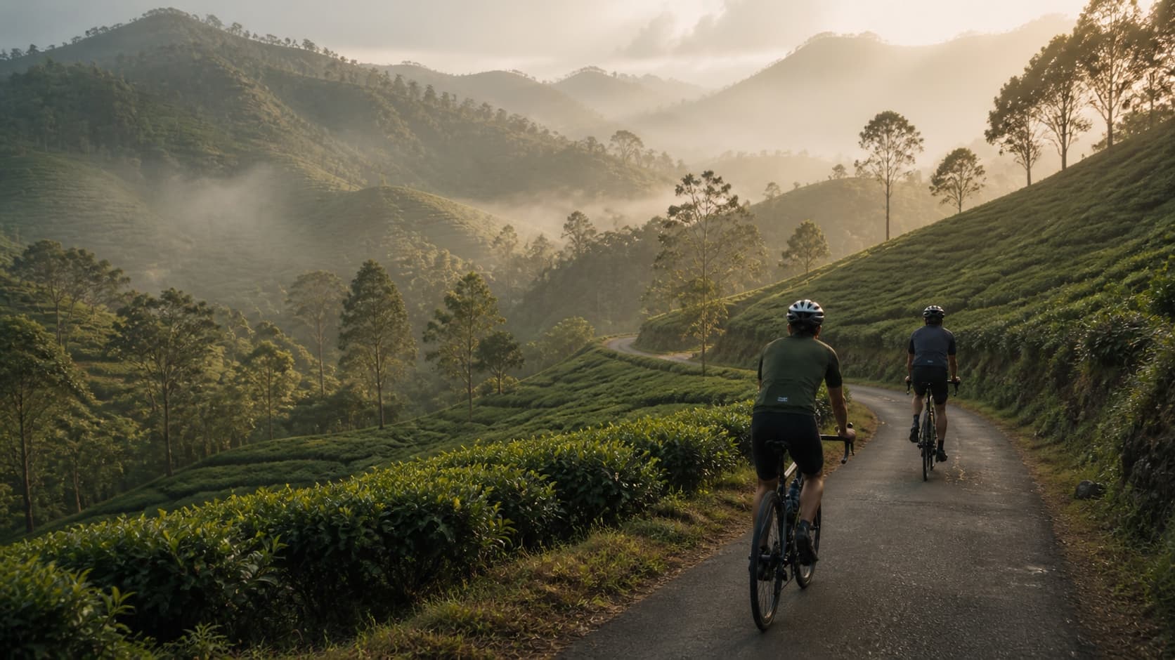 Cyclist riding past a tea plantation in Sri Lanka's hill country