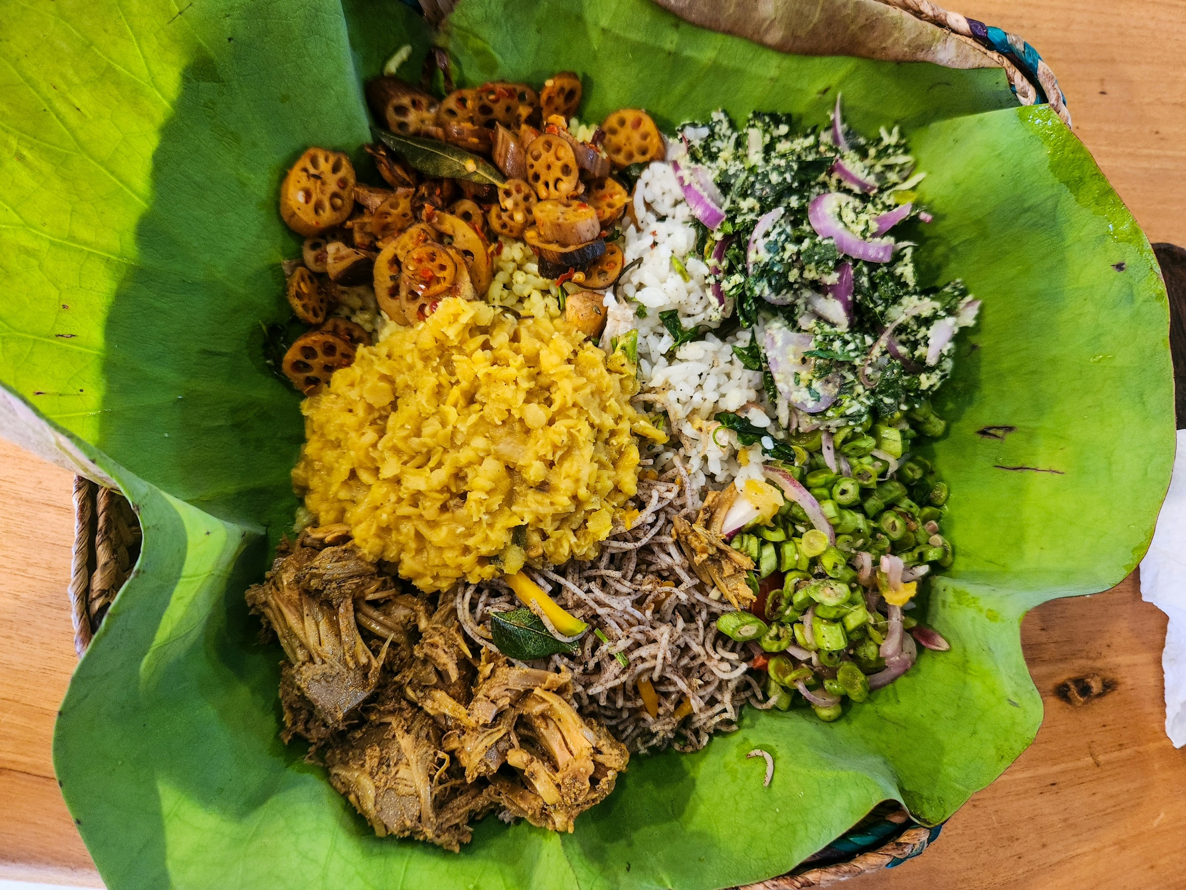 Rice and curry served on a banana leaf